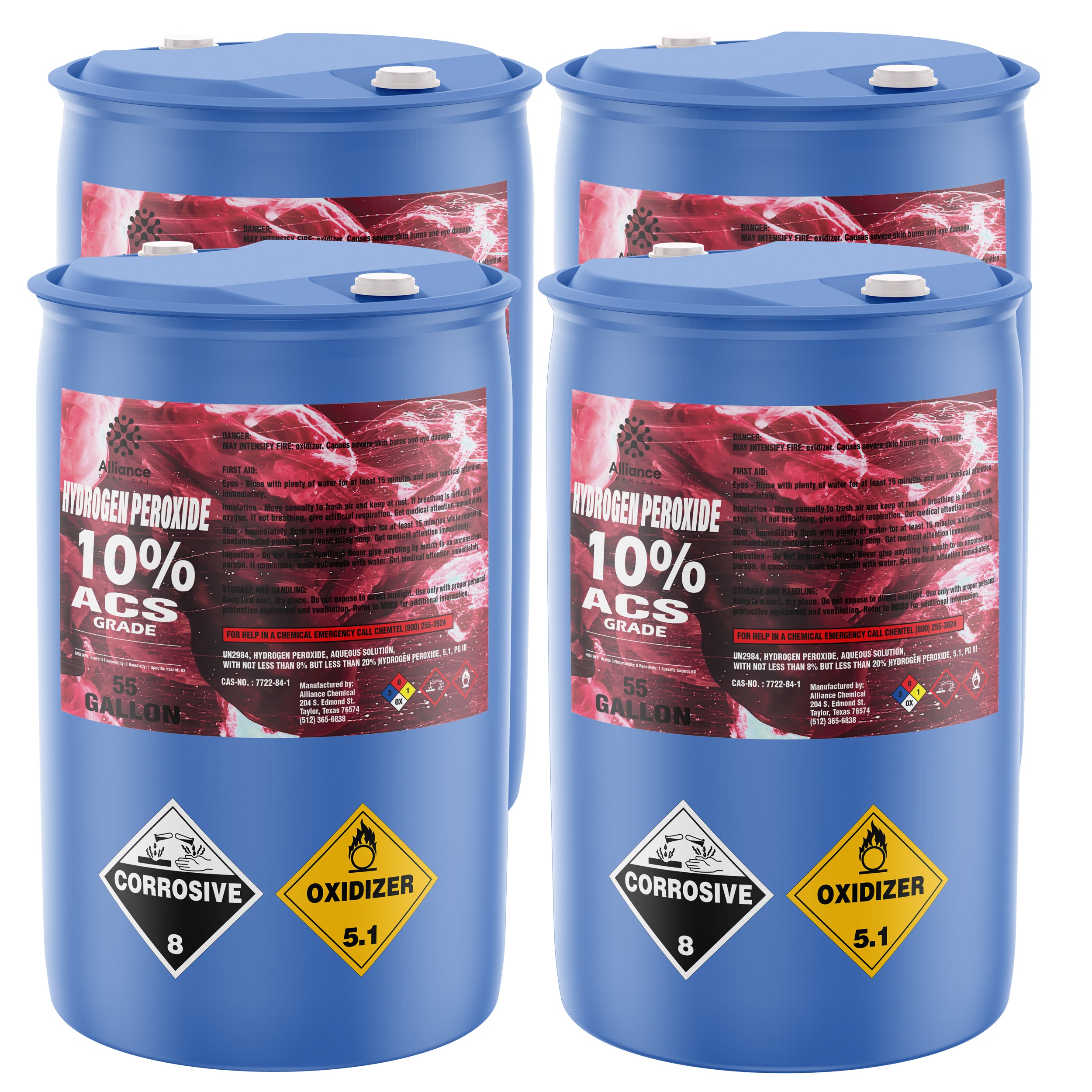 4x55-gallon blue drums of 10% ACS-grade Hydrogen Peroxide solution with Corrosive (8) and Oxidizer (5.1) hazard labels, red manufacturer label.